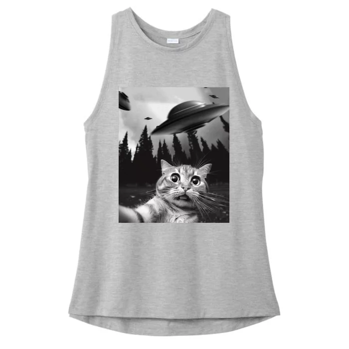 Funny Cat Selfie With Ufos Ladies Tri-Blend Wicking Tank