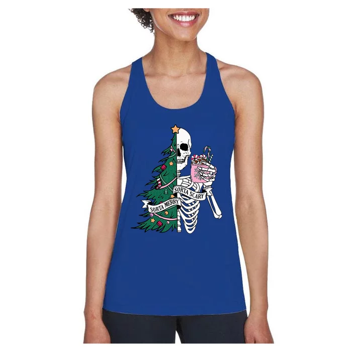 Funny Christmas Sorta Merry Sorta Scary Skeleton Xmas Tree Women's Racerback Tank