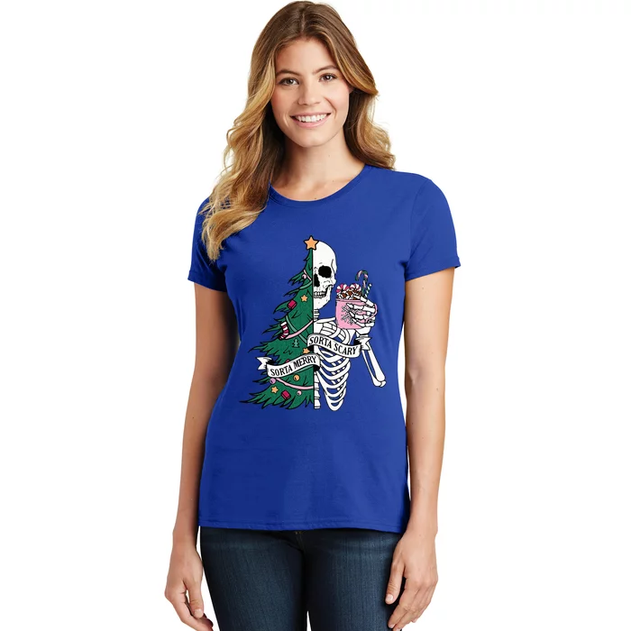 Funny Christmas Sorta Merry Sorta Scary Skeleton Xmas Tree Women's T-Shirt