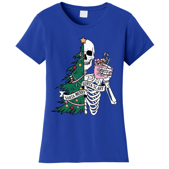 Funny Christmas Sorta Merry Sorta Scary Skeleton Xmas Tree Women's T-Shirt