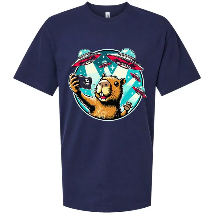 Funny Capybara Selfie With Ufos Sueded Cloud Jersey T-Shirt