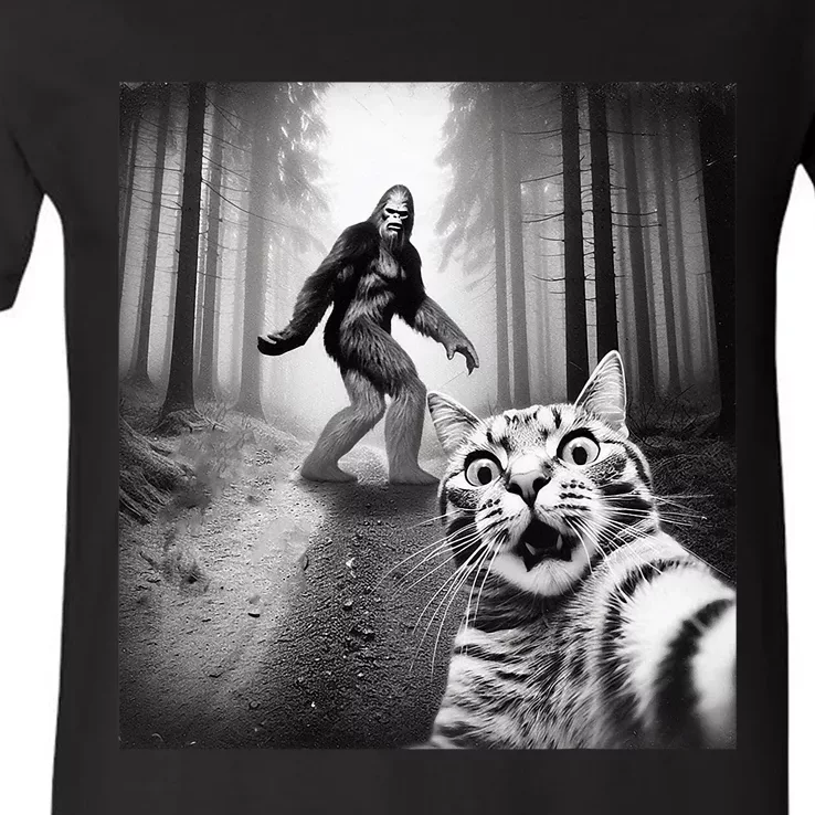 Funny Cat Selfie With Sasquatch Bigfoot V-Neck T-Shirt