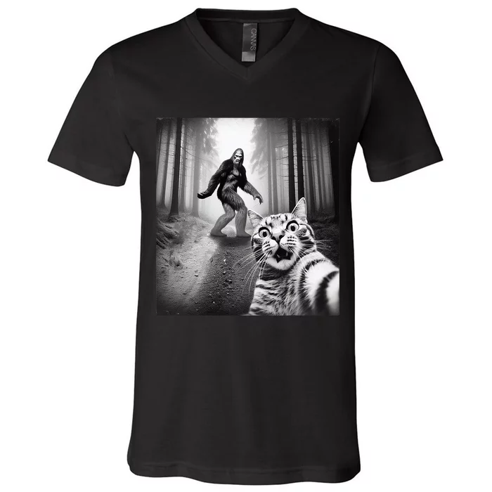 Funny Cat Selfie With Sasquatch Bigfoot V-Neck T-Shirt