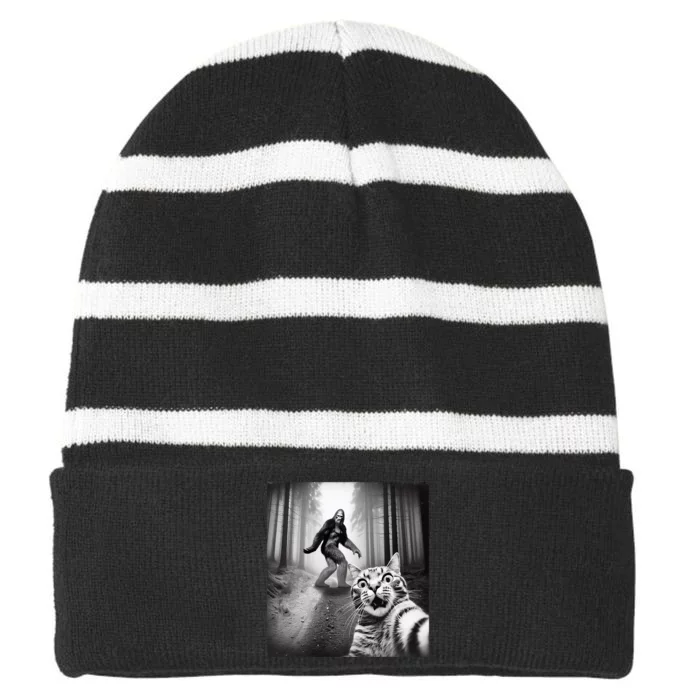 Funny Cat Selfie With Sasquatch Bigfoot Striped Beanie with Solid Band