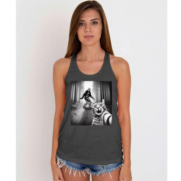 Funny Cat Selfie With Sasquatch Bigfoot Women's Knotted Racerback Tank