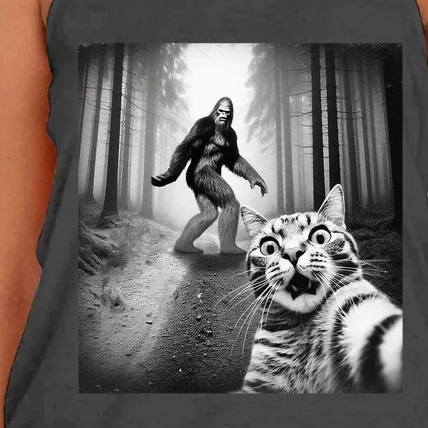 Funny Cat Selfie With Sasquatch Bigfoot Women's Knotted Racerback Tank