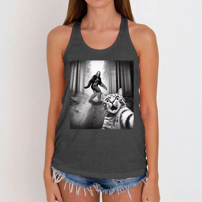 Funny Cat Selfie With Sasquatch Bigfoot Women's Knotted Racerback Tank