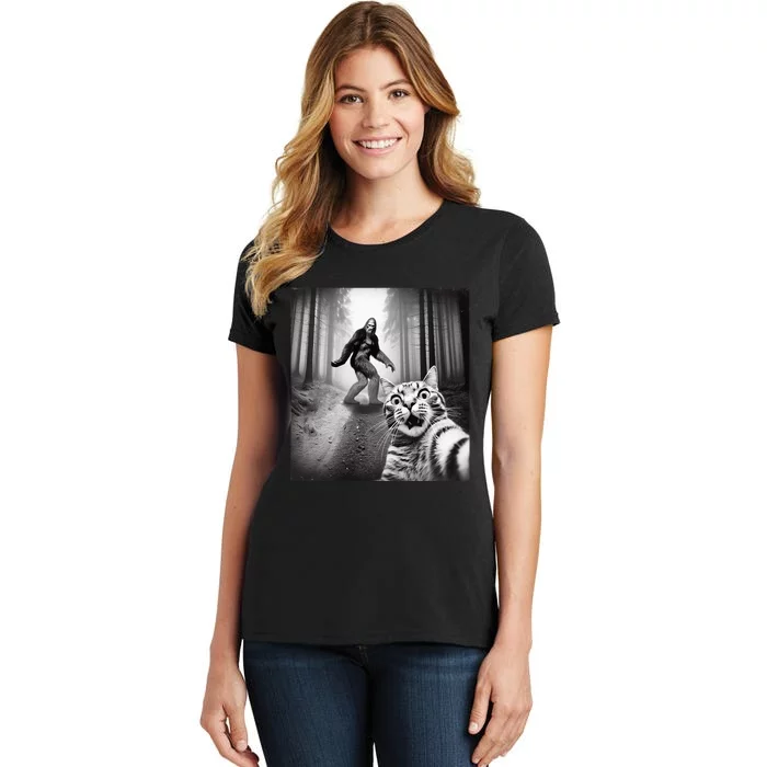 Funny Cat Selfie With Sasquatch Bigfoot Women's T-Shirt