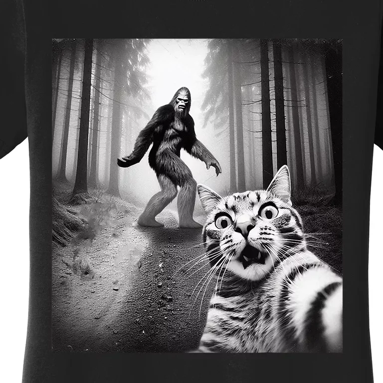 Funny Cat Selfie With Sasquatch Bigfoot Women's T-Shirt