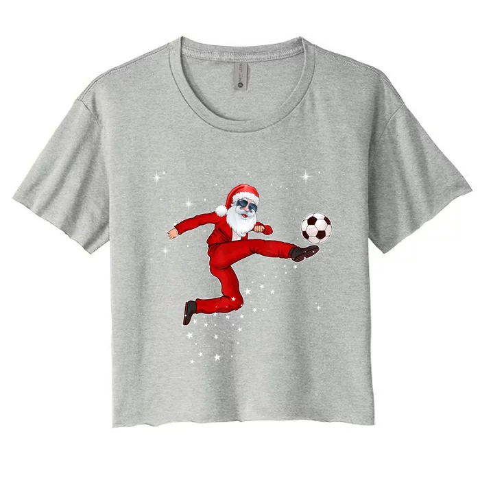 Funny Christmas Santa Soccer Playing Xmas Boys Sport Gift Women's Crop Top Tee