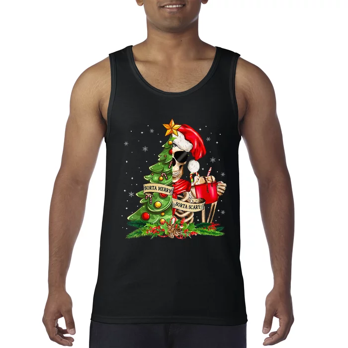 Funny Christmas Sorta Merry Sorta Scary Skeleton Xmas Tree Tank Top