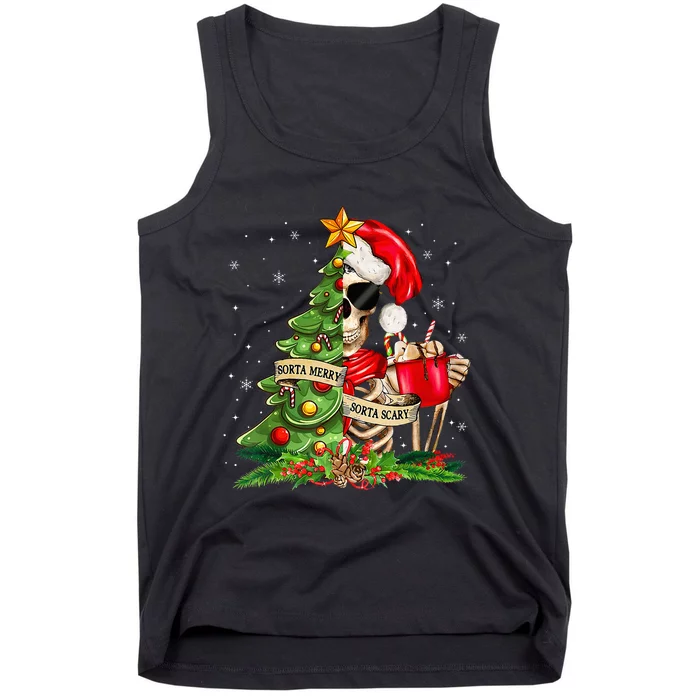 Funny Christmas Sorta Merry Sorta Scary Skeleton Xmas Tree Tank Top