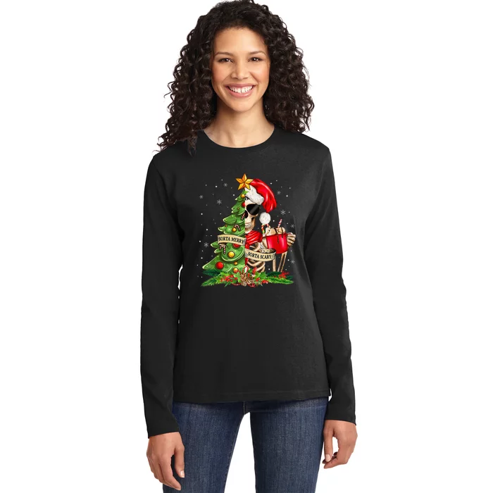 Funny Christmas Sorta Merry Sorta Scary Skeleton Xmas Tree Ladies Long Sleeve Shirt