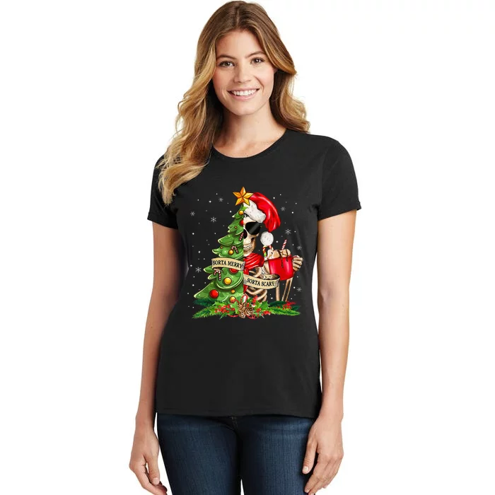 Funny Christmas Sorta Merry Sorta Scary Skeleton Xmas Tree Women's T-Shirt