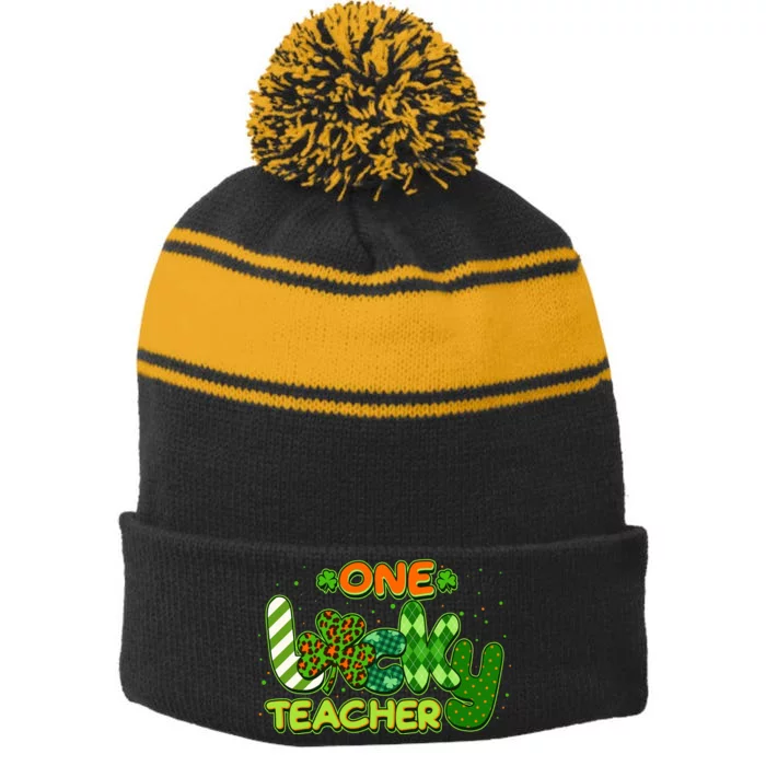 Funny Cute St Patrick's Day One Lucky Teacher Stripe Pom Pom Beanie