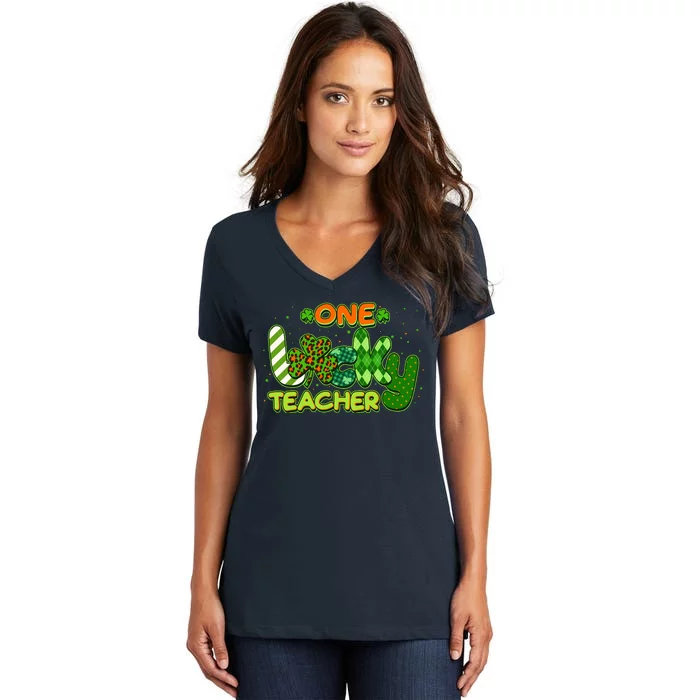 Funny Cute St Patrick's Day One Lucky Teacher Women's V-Neck T-Shirt