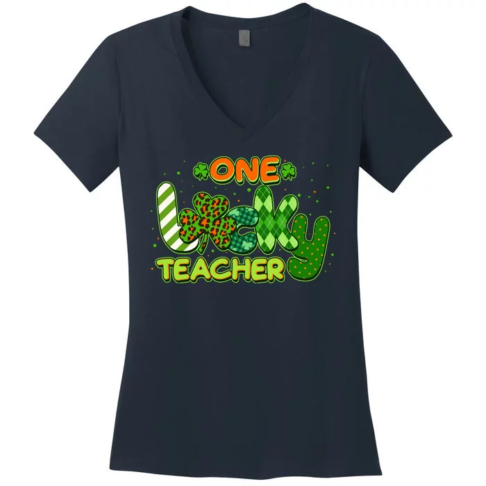 Funny Cute St Patrick's Day One Lucky Teacher Women's V-Neck T-Shirt