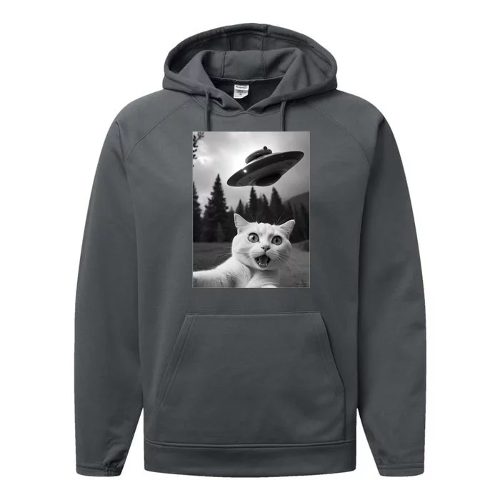 Funny Cat Selfie With A Ufo Performance Fleece Hoodie