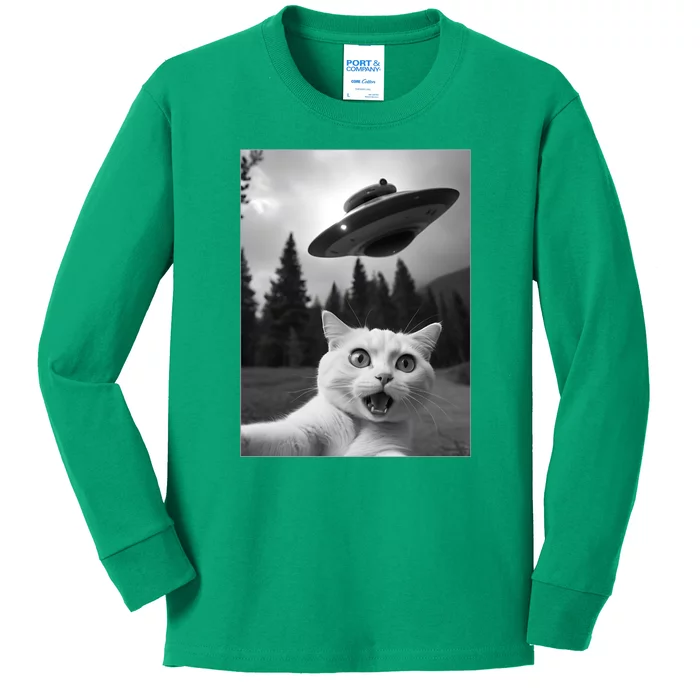 Funny Cat Selfie With A Ufo Kids Long Sleeve Shirt