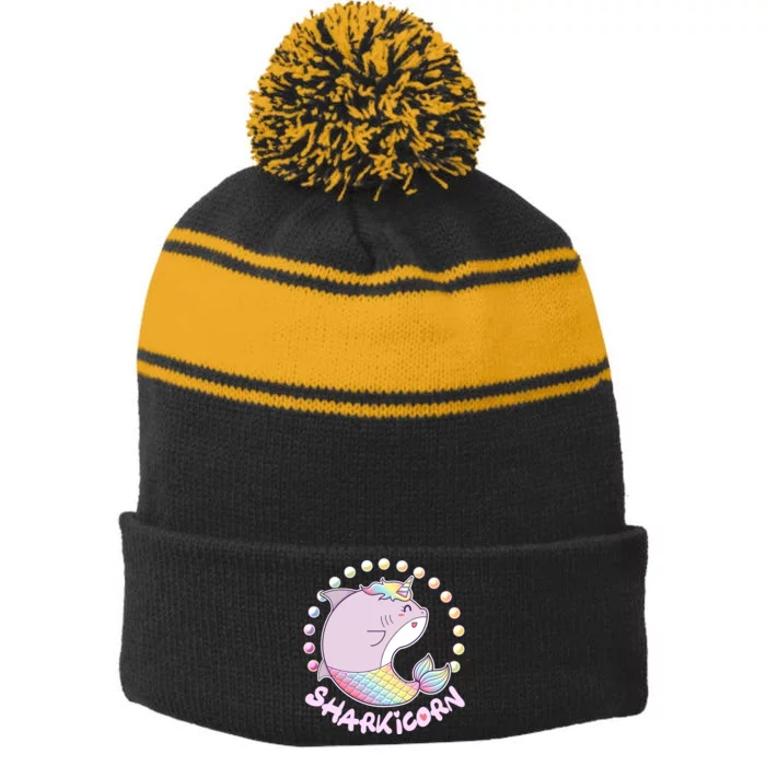 Funny Cute Sharkicorn Shark Unicorn Stripe Pom Pom Beanie