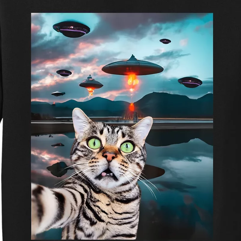 Funny Cat Selfie With Ufos Cute Alien Cat In The Cap Sweatshirt