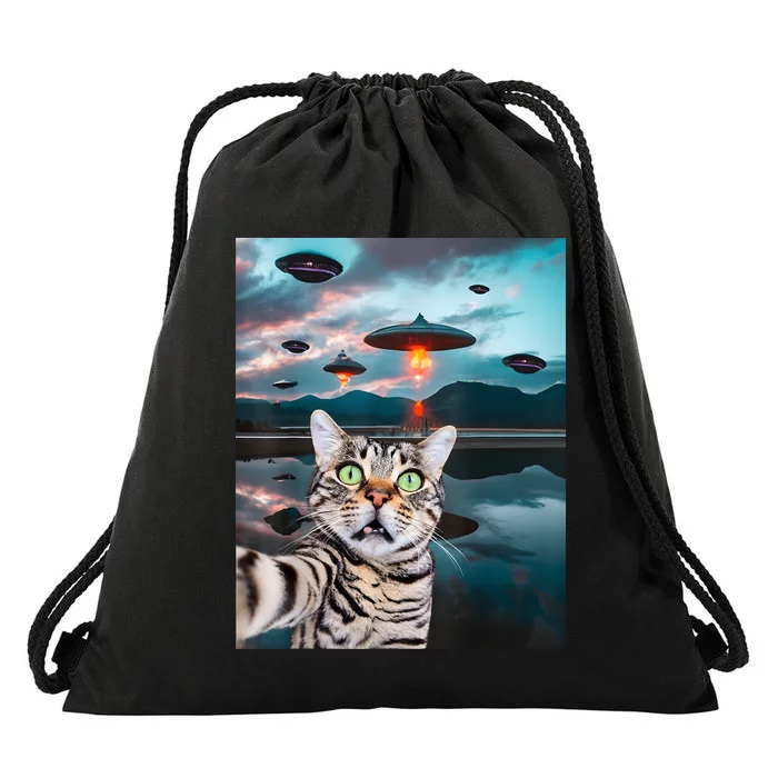 Funny Cat Selfie With Ufos Cute Alien Cat In The Cap Drawstring Bag