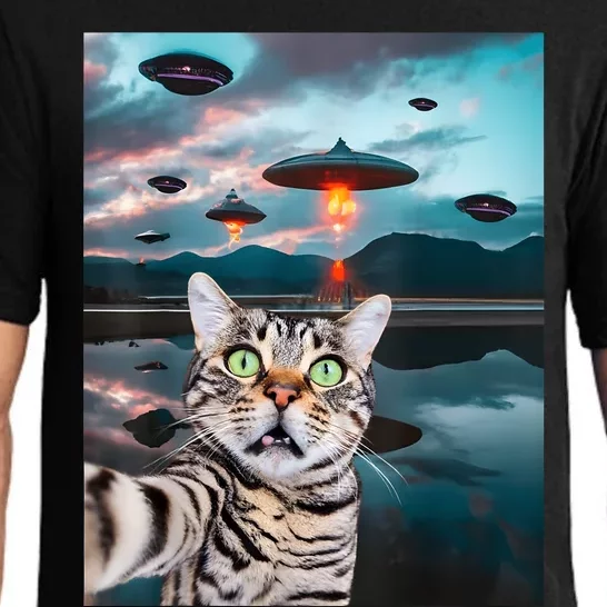 Funny Cat Selfie With Ufos Cute Alien Cat In The Cap Pajama Set