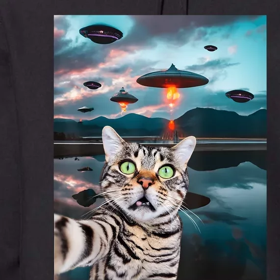 Funny Cat Selfie With Ufos Cute Alien Cat In The Cap Premium Hoodie