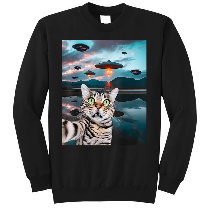 Funny Cat Selfie With Ufos Cute Alien Cat In The Cap Tall Sweatshirt