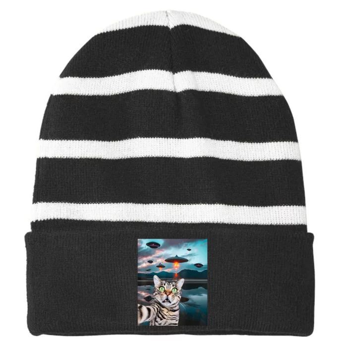 Funny Cat Selfie With Ufos Cute Alien Cat In The Cap Striped Beanie with Solid Band