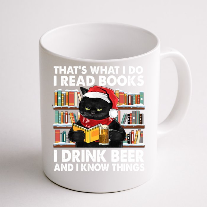 Funny Christmas Santa Cat Read Books And Beer Gift Front & Back Coffee Mug