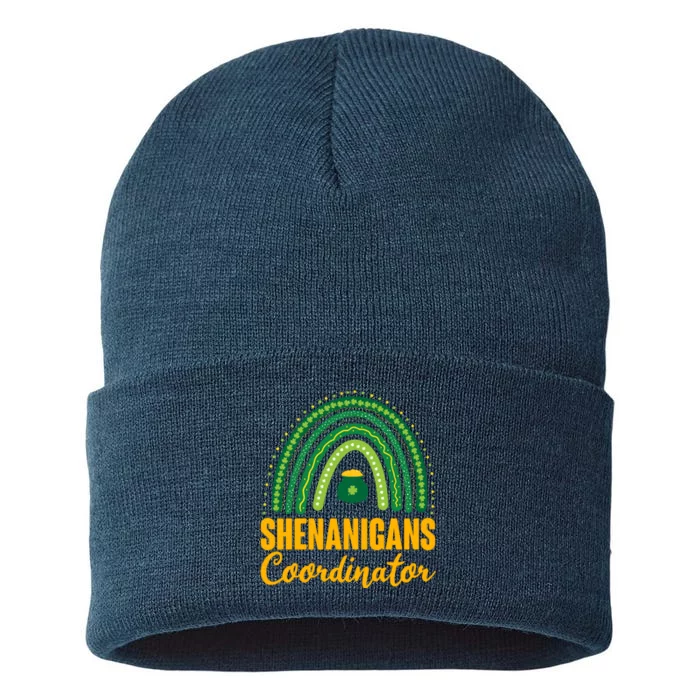 Funny Cute Shenanigans Coordinator Lucky Green Rainbow Pot Of Gold Sustainable Knit Beanie