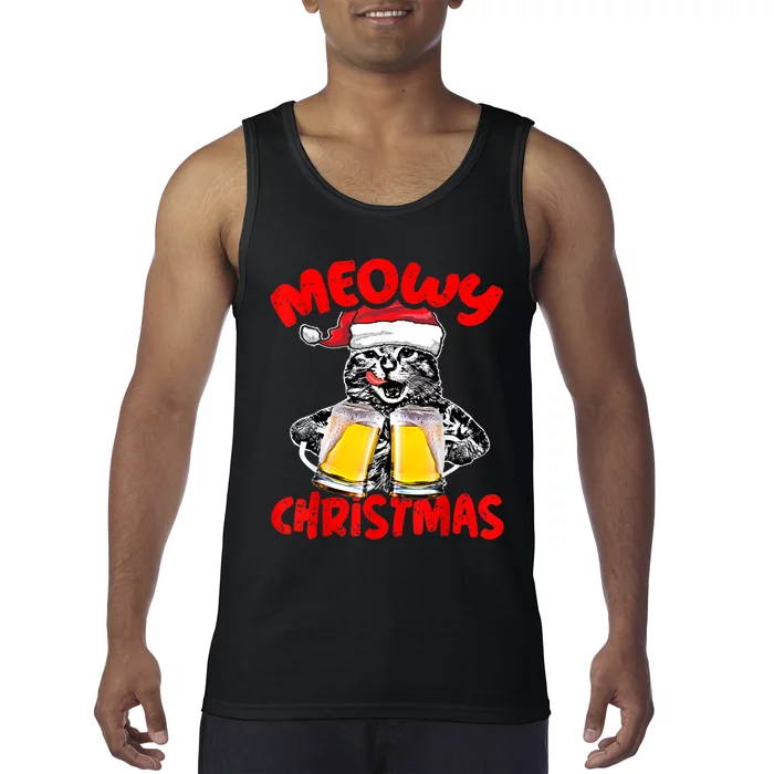 Funny Cat Santa Drinking Beer Xmas For Christmas Holiday Tank Top