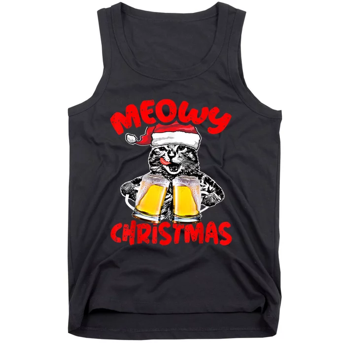 Funny Cat Santa Drinking Beer Xmas For Christmas Holiday Tank Top