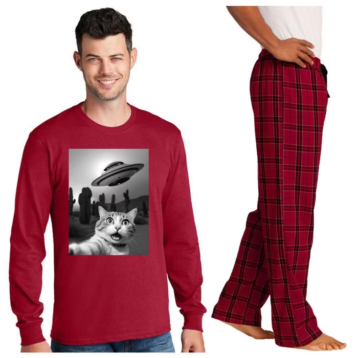 Funny Cat Selfie With A Ufo Long Sleeve Pajama Set