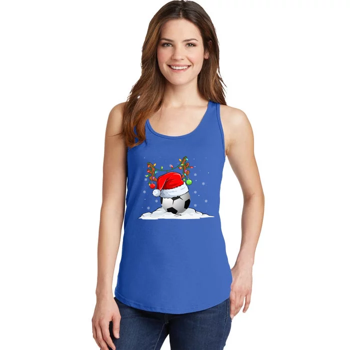 Funny Christmas Soccer Reindeer And Santa Hat Xmas Tree Light Gift Ladies Essential Tank