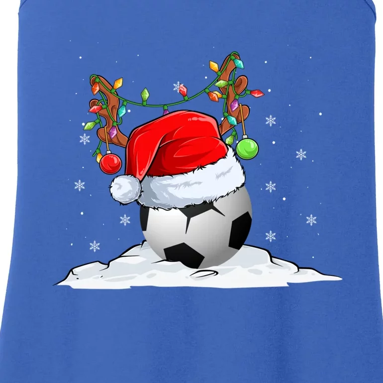 Funny Christmas Soccer Reindeer And Santa Hat Xmas Tree Light Gift Ladies Essential Tank