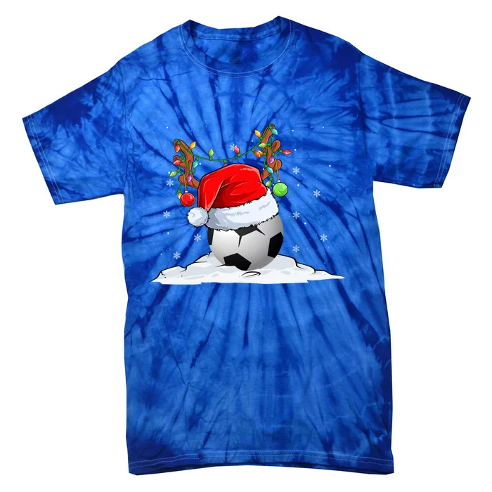 Funny Christmas Soccer Reindeer And Santa Hat Xmas Tree Light Gift Tie-Dye T-Shirt