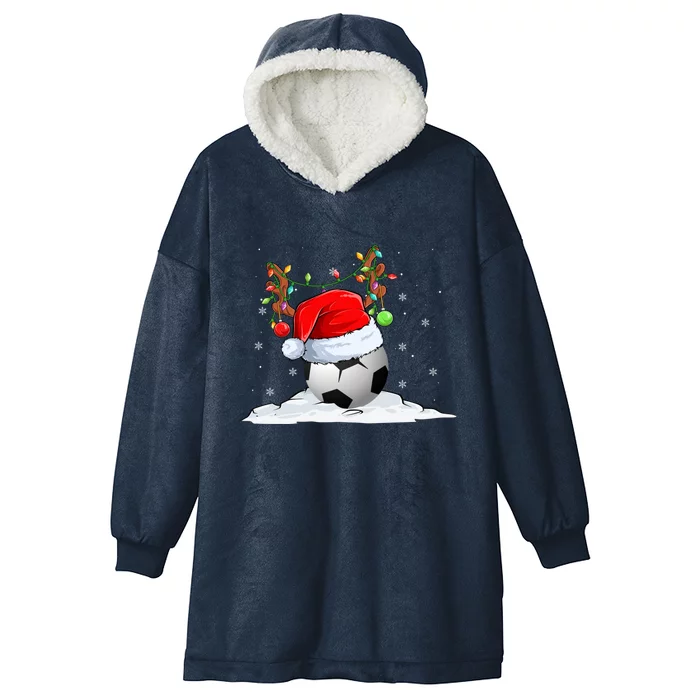 Funny Christmas Soccer Reindeer And Santa Hat Xmas Tree Light Gift Hooded Wearable Blanket