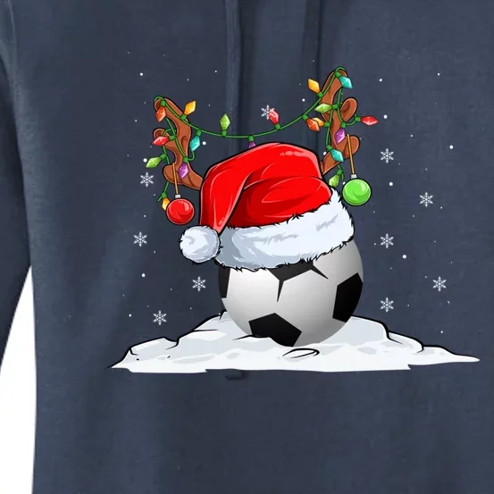 Funny Christmas Soccer Reindeer And Santa Hat Xmas Tree Light Gift Women's Pullover Hoodie