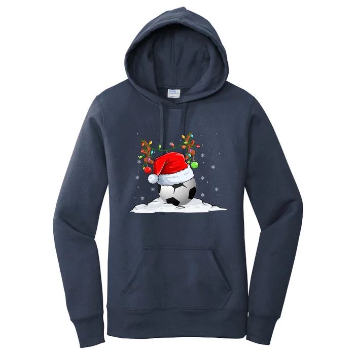 Funny Christmas Soccer Reindeer And Santa Hat Xmas Tree Light Gift Women's Pullover Hoodie