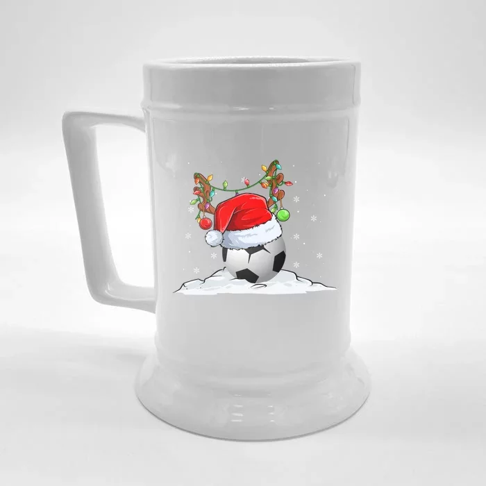 Funny Christmas Soccer Reindeer And Santa Hat Xmas Tree Light Gift Front & Back Beer Stein