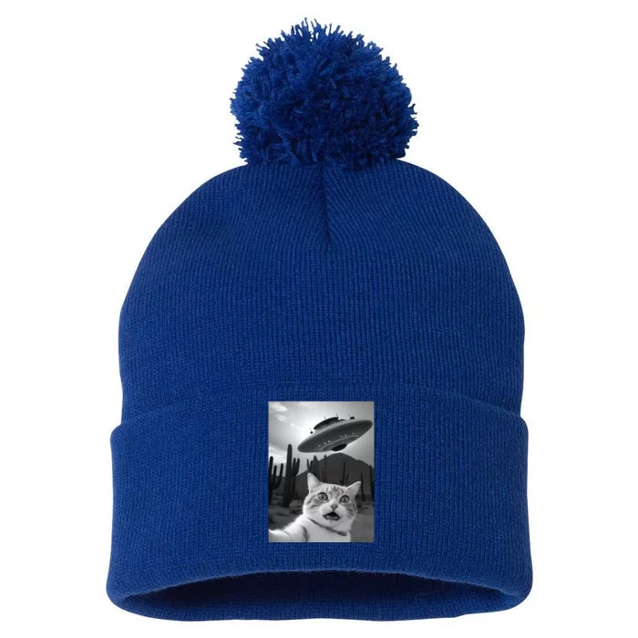 Funny Cat Selfie With A Ufo Pom Pom 12in Knit Beanie