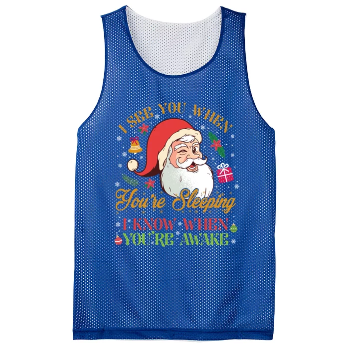 Funny Christmas Santa I See You When You're Sleeping Cool Gift Mesh Reversible Basketball Jersey Tank