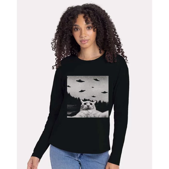 Funny Cat Selfie With Alien Ufos Funny Cat Lovers AlienS Ufo Womens Cotton Relaxed Long Sleeve T-Shirt