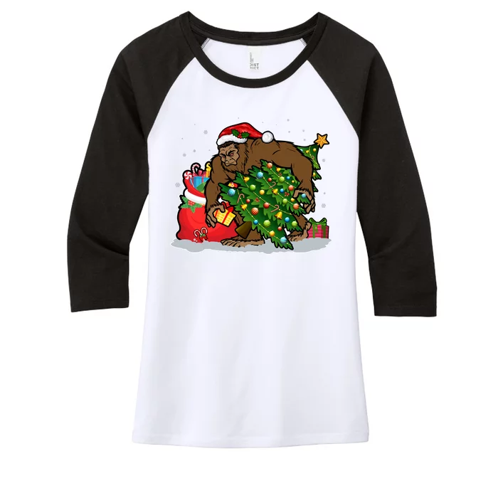 Funny Christmas Santa Sasquatch Bigfoot Women's Tri-Blend 3/4-Sleeve Raglan Shirt