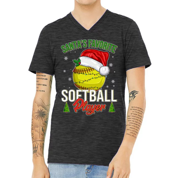 Funny Christmas Santa's Favorite Softball Player V-Neck T-Shirt