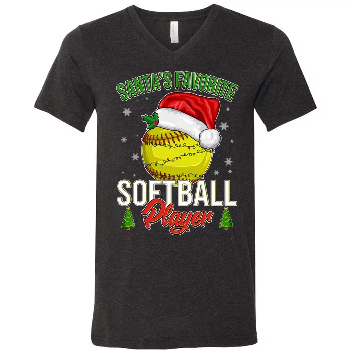 Funny Christmas Santa's Favorite Softball Player V-Neck T-Shirt