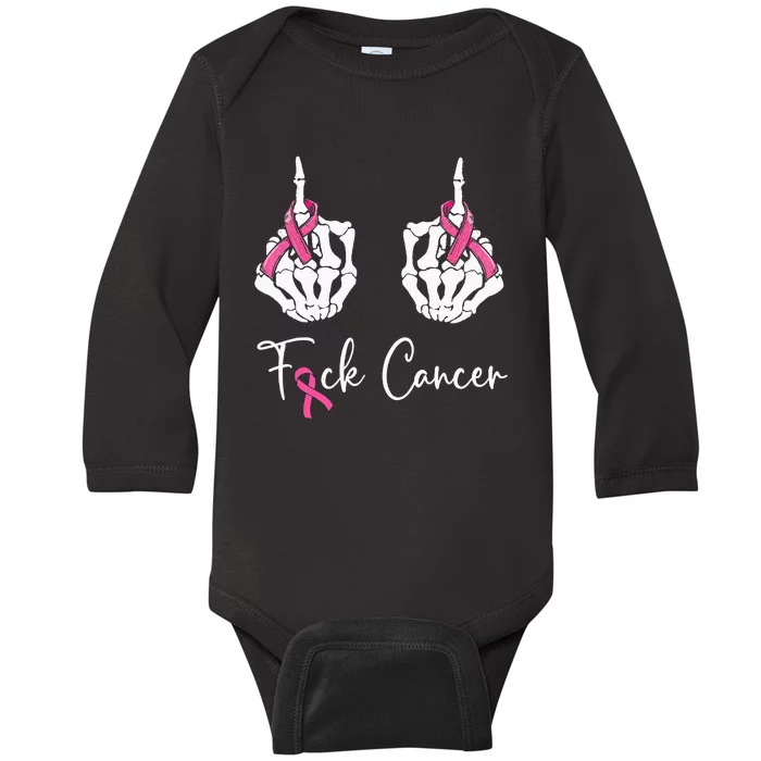 Fuck Cancer Skeleton Middle Finger Breast Cancer Awareness Baby Long Sleeve Bodysuit