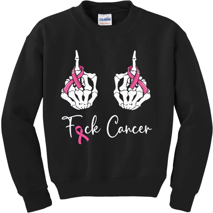 Fuck Cancer Skeleton Middle Finger Breast Cancer Awareness Kids Sweatshirt